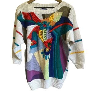 Vtg 3D Knit Sweater Sz Small Beaded Multicolor Funky Rad 80s 90s Art to Wear